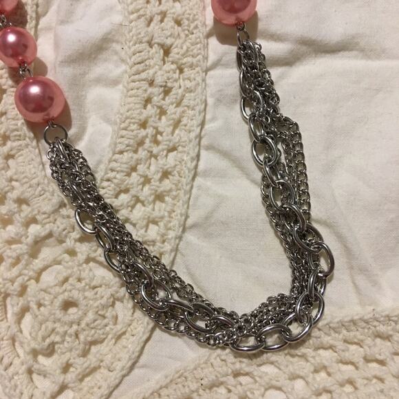 Multi Strand Silver Tone Necklace W/Pink‎ Acrylic Pearls 20" Long - Picture 2 of 4
